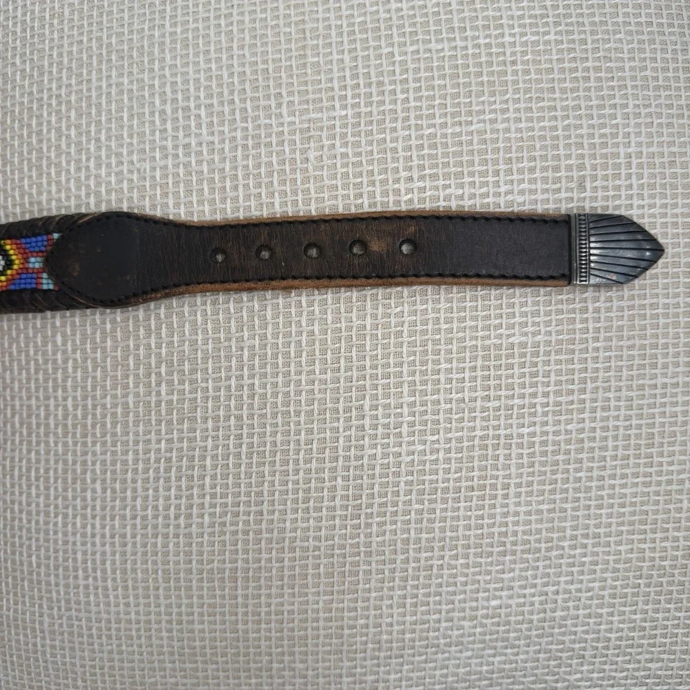 VTG Beaded Leather Belt Size 30 Southwestern Aztec Silver Buckle Country Western